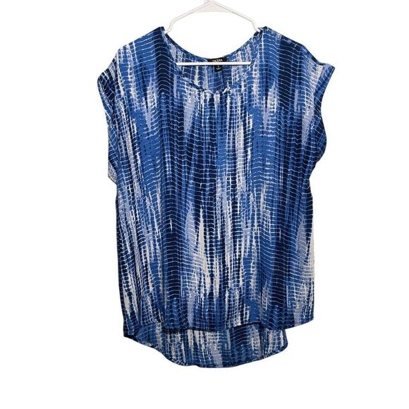 Tacera Blouse Women's Large Blue Printed Sheer Round Neck Cap Sleeve Top - Picture 1 of 9